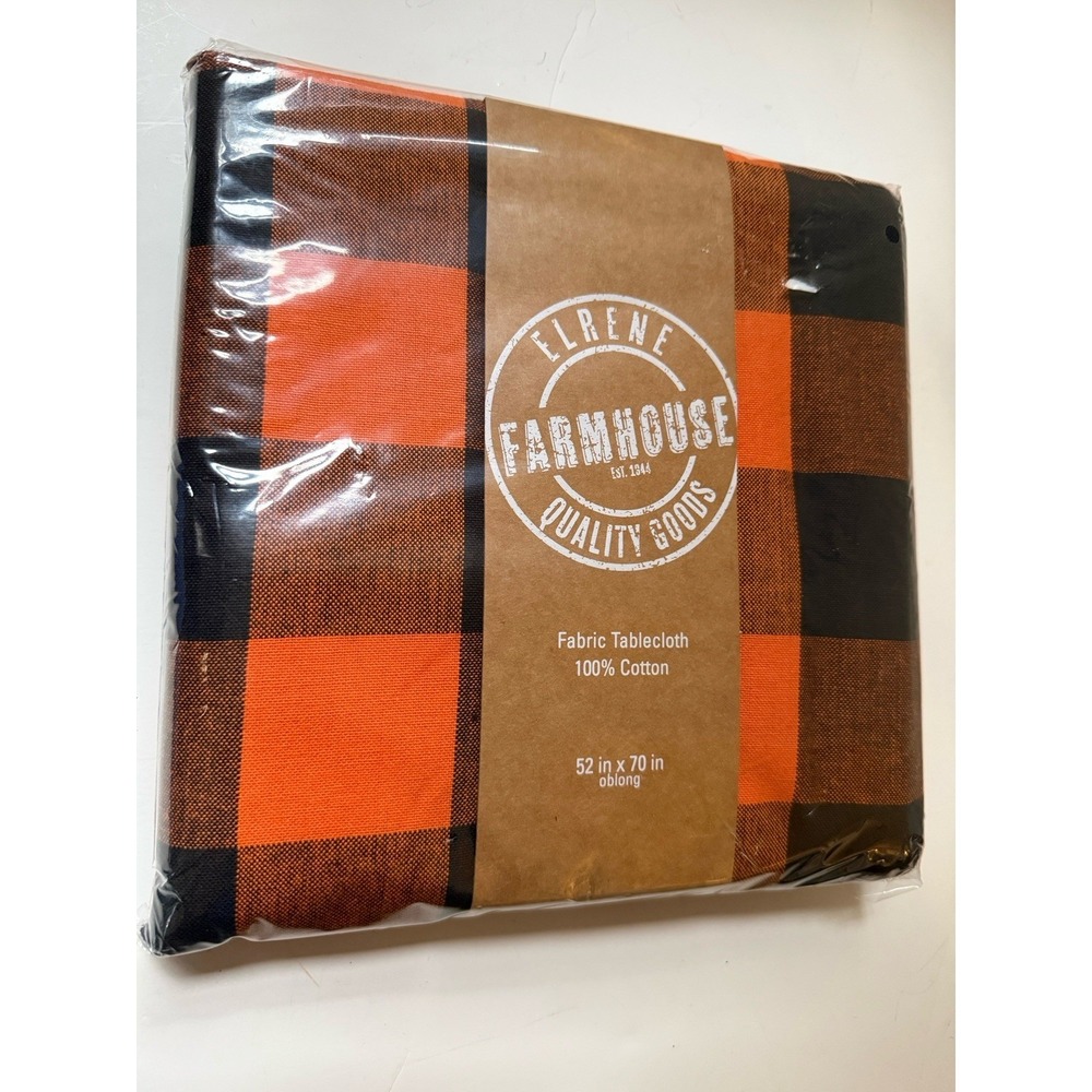 Elrene Farmhouse Tablecloth Orange & Black Buffalo Plaid Cotton 52 X 70" New
